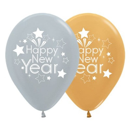 30cm silver and gold metallic latex balloons for New Year’s celebrations, pack of 25, perfect for festive decor and displays.