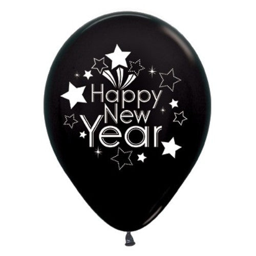 30cm black metallic balloons for New Year's celebrations, pack of 6, perfect for elegant party decor and festive ambiance.