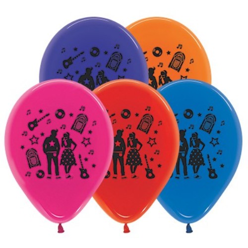 30cm latex balloons in fuchsia, red, blue, purple, and orange for vibrant Rock & Roll themed parties, pack of 25.