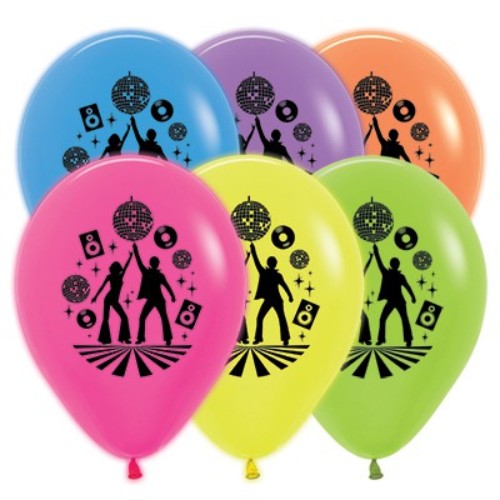 Bright 30cm neon balloons in fuchsia, yellow, green, blue, purple, and orange, perfect for disco-themed parties. Pack of 25.