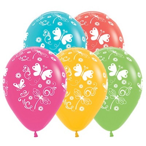 Vibrant 30cm latex balloons in fuchsia, yellow, green, blue, and coral, featuring butterflies and dragonflies - pack of 25.