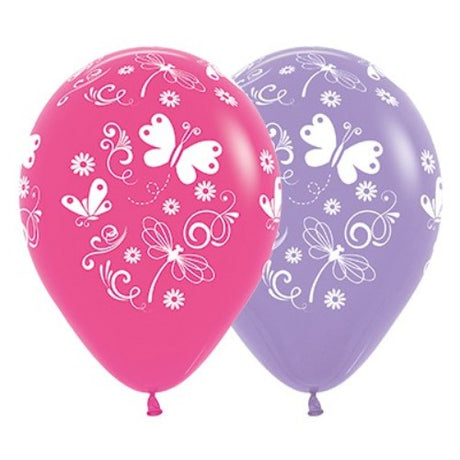 Vibrant fuchsia and lilac balloons featuring butterfly and dragonfly designs, perfect for whimsical celebrations. Pack of 25.