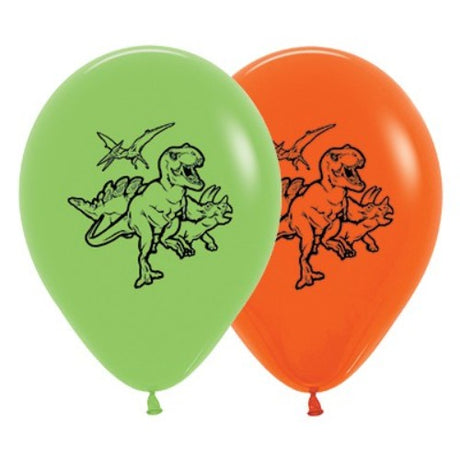 Colorful 30cm lime green and orange dinosaur-themed balloons, perfect for festive parties and decorations, pack of 25.