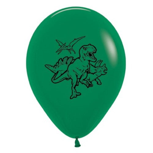 Pack of 6 30cm forest green dinosaur balloons, perfect for festive decorations at parties and events.