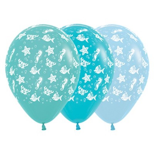 30cm sea creature balloons in aquamarine, Caribbean blue, and blue, perfect for ocean-themed parties and celebrations. Pack of 25.