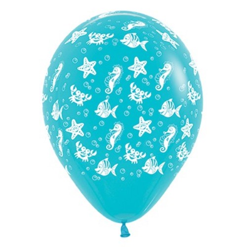 Pack of 25 vibrant Caribbean blue latex balloons featuring whimsical sea creature designs for festive celebrations.