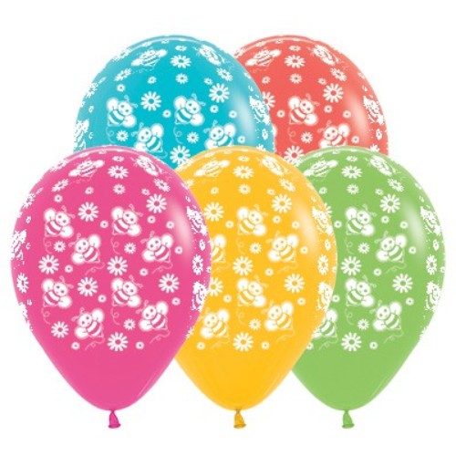 Vibrant 30cm latex balloons in Bumble Bee & Flower designs, perfect for tropical-themed celebrations, pack of 25.