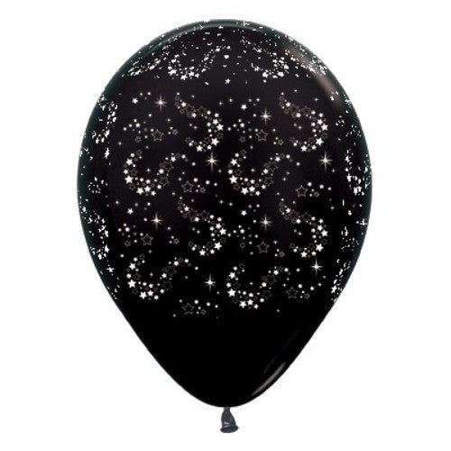 30cm black metallic balloons with sparkling star design, perfect for elegant celebrations and festive decor. Pack of 6.