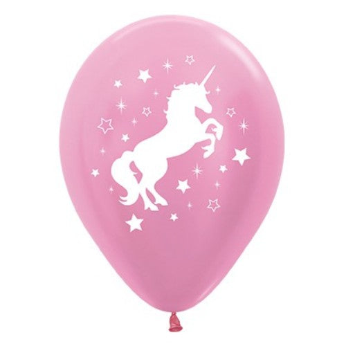 30cm pearl pink satin balloons with unicorn sparkles and stars, perfect for magical celebrations, pack of 25.