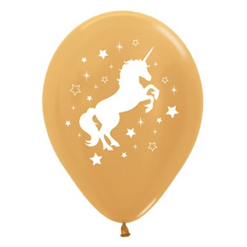 30cm gold metallic unicorn balloons featuring sparkles and stars, perfect for magical celebrations and special events. Pack of 25.