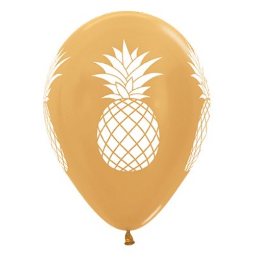 30cm gold metallic latex balloons with tropical pineapple design, perfect for parties and celebrations. Pack of 25.