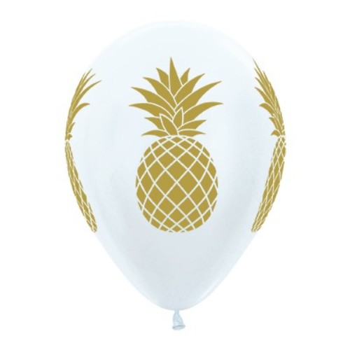 30cm Tropical Pineapple balloons in pearl white and gold, perfect for summer parties and festive decorations. Pack of 25.