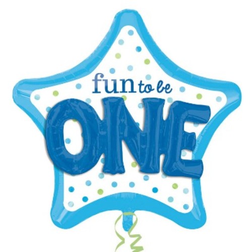 Blue star-shaped foil balloon, 91cm, with 3D effect for first birthday celebrations; self-sealing and helium-filled.