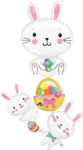 Vibrant 5ft tall foil balloon featuring an adorable bunny and colorful eggs, perfect for Easter celebrations and decor.