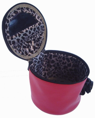 Chic red soft case with a black rose, handle, and leopard satin lining for stylish organization and easy portability.