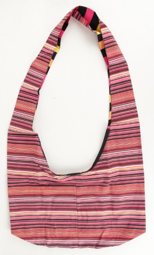 Vibrant striped sling bag made of 100% cotton, featuring zippered closure and adjustable strap for convenience.