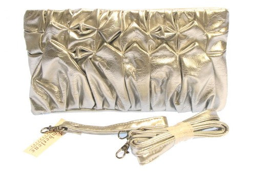 Elegantly pleated grey evening bag, 33cm x 17cm x 3cm, perfect for holding essentials and enhancing formal attire.