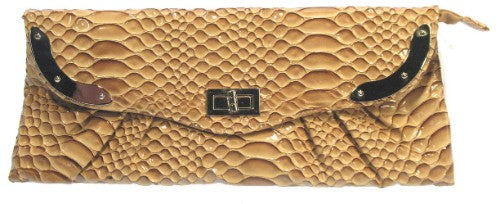 Taupe snake clutch with faux snake skin design, perfect for elegant outings and versatile enough for various outfits.
