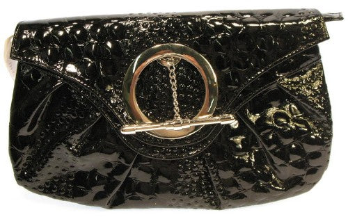 Sleek black evening bag with circle-fob fastener, perfect for formal events and stylishly holds essentials.