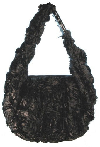 Elegant black handbag with satin roses handle, perfect for day-to-night versatility and stylish accessory for any occasion.