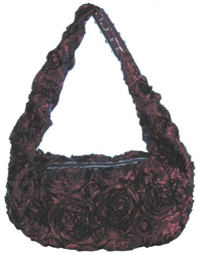 Stylish purple bag with a luxurious satin roses handle, spacious interior, perfect for any occasion.