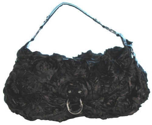 Large black bag with elegant satin rose details, perfect for any occasion and versatile for everyday use.