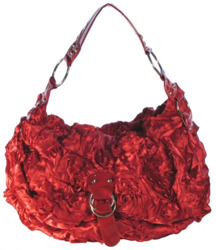 Large burgundy bag with satin roses, spacious design for essentials, stylish and versatile for any occasion.