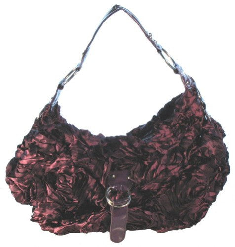 Large purple bag adorned with satin roses, combining elegance and durability for work or outings.