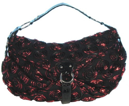 Large red handbag adorned with satin roses, combining style and functionality for any occasion.