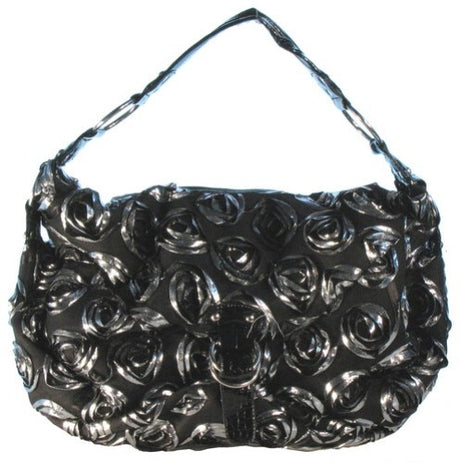 Elegant large silver handbag adorned with satin roses, combining style and functionality for any occasion.