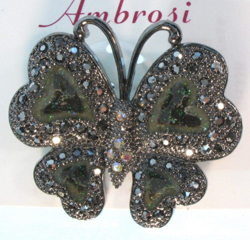 Elegant metal butterfly brooch with sparkling crystals and gunmetal plating, perfect for any outfit or occasion.
