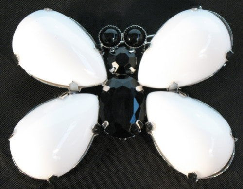 Matte butterfly brooch in white and black, large size, nickel-free, old silver plated, perfect for enhancing any outfit.