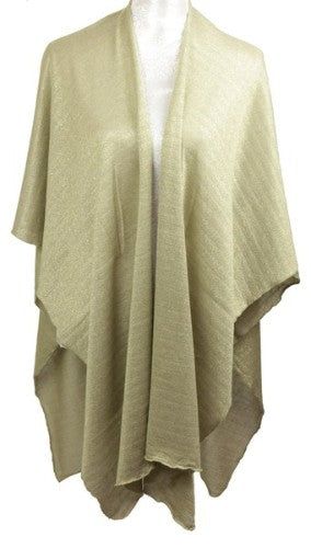 Elegant metallic champagne ruana, soft blend of acrylic and lurex, perfect for layering and stylish warmth.