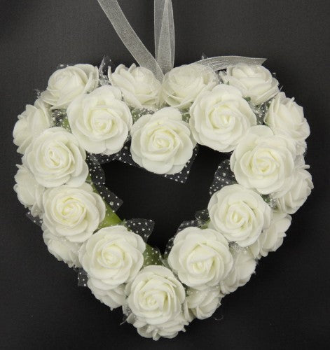 Small white rose heart wreath, 16x17 inches, perfect for home decor and special occasions, symbolizing love and purity.