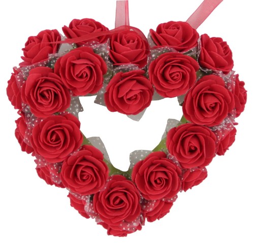 Small red heart wreath featuring high-quality artificial roses, perfect for enhancing home decor with a touch of romance.