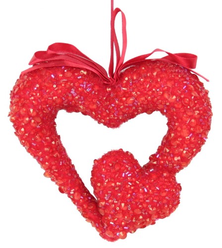 Hanging Double Heart decoration in red, 13cm, enhances home decor with warmth and love; perfect for any romantic setting.