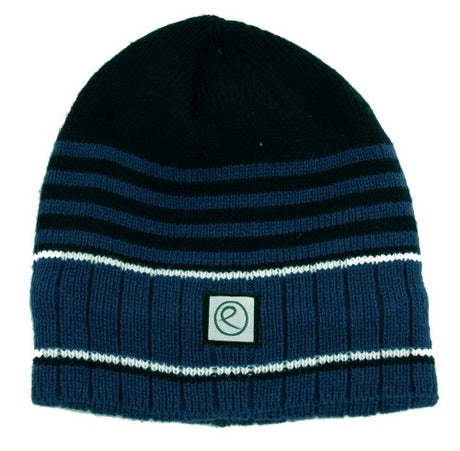 Stylish blue and black striped beanie providing warmth and comfort for casual outings or outdoor adventures.