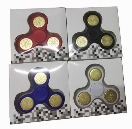 Box of 24 hand fidget spinners in red, white, black, and blue; durable ABS, steel bearings, 90-120 seconds spin time.