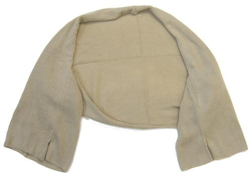 Beige batwing shrug in soft acrylic, offering a chic, relaxed fit for versatile layering and stylish comfort.