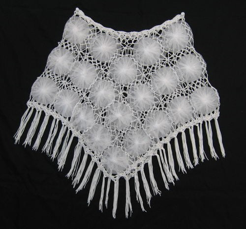 Elegant white poncho with tulle flowers and shimmering sequins, perfect for any occasion and stylish layering.