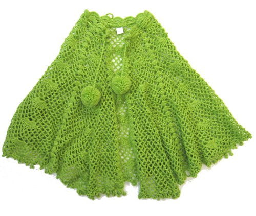 Vibrant lime crochet poncho with front fastening, perfect for layering and adding bohemian flair to any outfit.