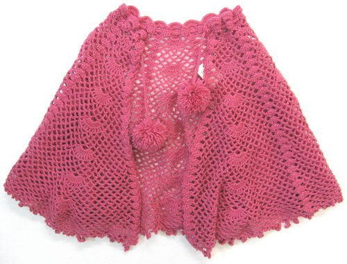 Stylish pink crochet poncho with front fasten design, perfect for layering and elevating any outfit.