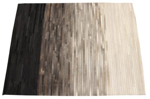 Handmade cowhide leather rug with elegant striped design, 1.88 x 1.3m, offering luxury and durability for any decor.