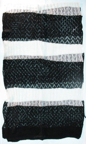 Black scarf with wide horizontal stripes, made of mohair and acrylic, perfect for stylish warmth in autumn and winter.