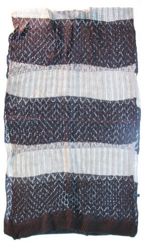 Wide chocolate scarf with wide horizontal stripes, combining 20% mohair softness and 80% acrylic durability for all-season wear.