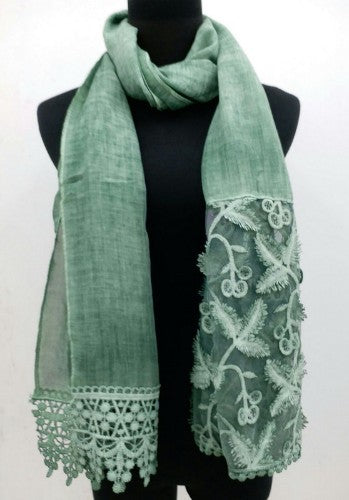 Olive 3D Lace Scarf, 72cm x 180cm, blends cotton and polyester for a luxurious, stylish, and versatile autumn accessory.