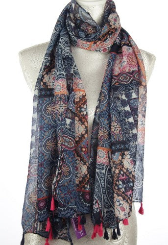 Blue patch printed scarf with playful tassels, 90 x 175 cm, crafted from 100% viscose for style and comfort.