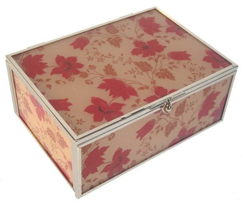 Elegant red floral glass box, 14x10x6 cm, perfect for organizing trinkets and enhancing home decor.