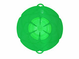 Small green silicone spill stopper, 25.5cm diameter, prevents spills from pots 14-23cm, heat resistant and microwave safe.