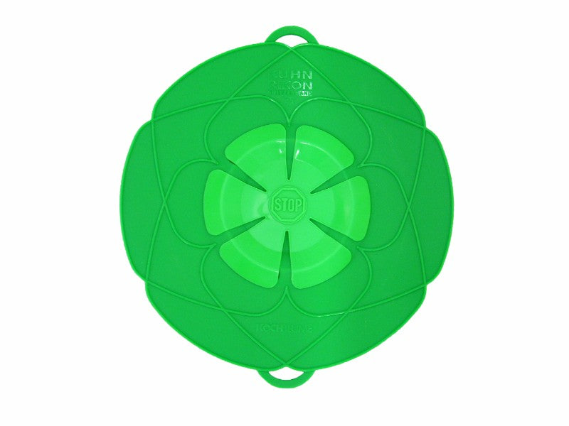 Large green spill stop, 29cm lid for pots 15-26cm, prevents boil-overs and acts as a splatter guard. Heat-resistant silicone.